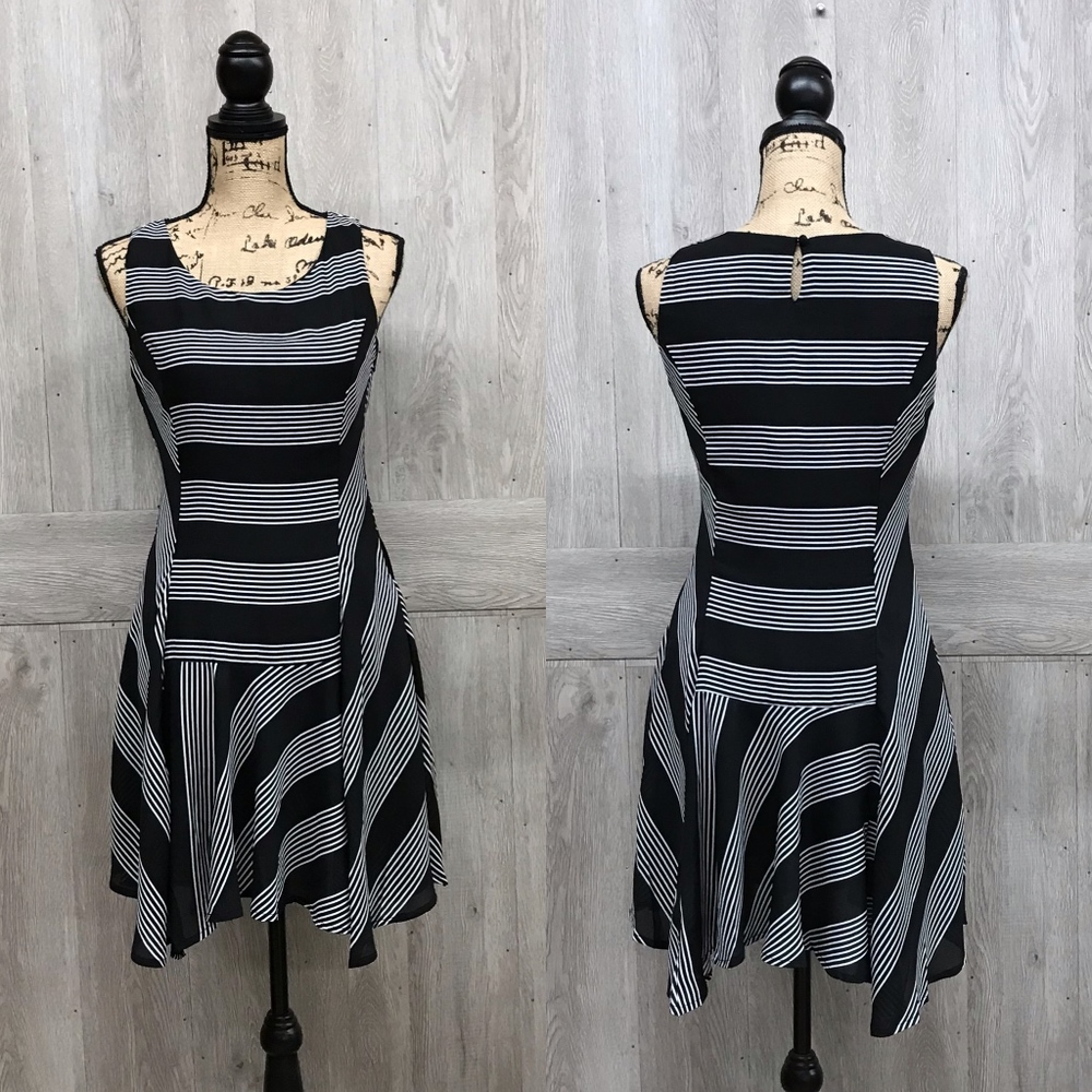 Black White Striped Flared Mini Midi Dress - Picture 1 of 5